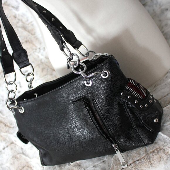 American Flag Red White Blue Rhinestone Bling Black Hobo Patriotic Handbag Bag - Picture 4 of 11